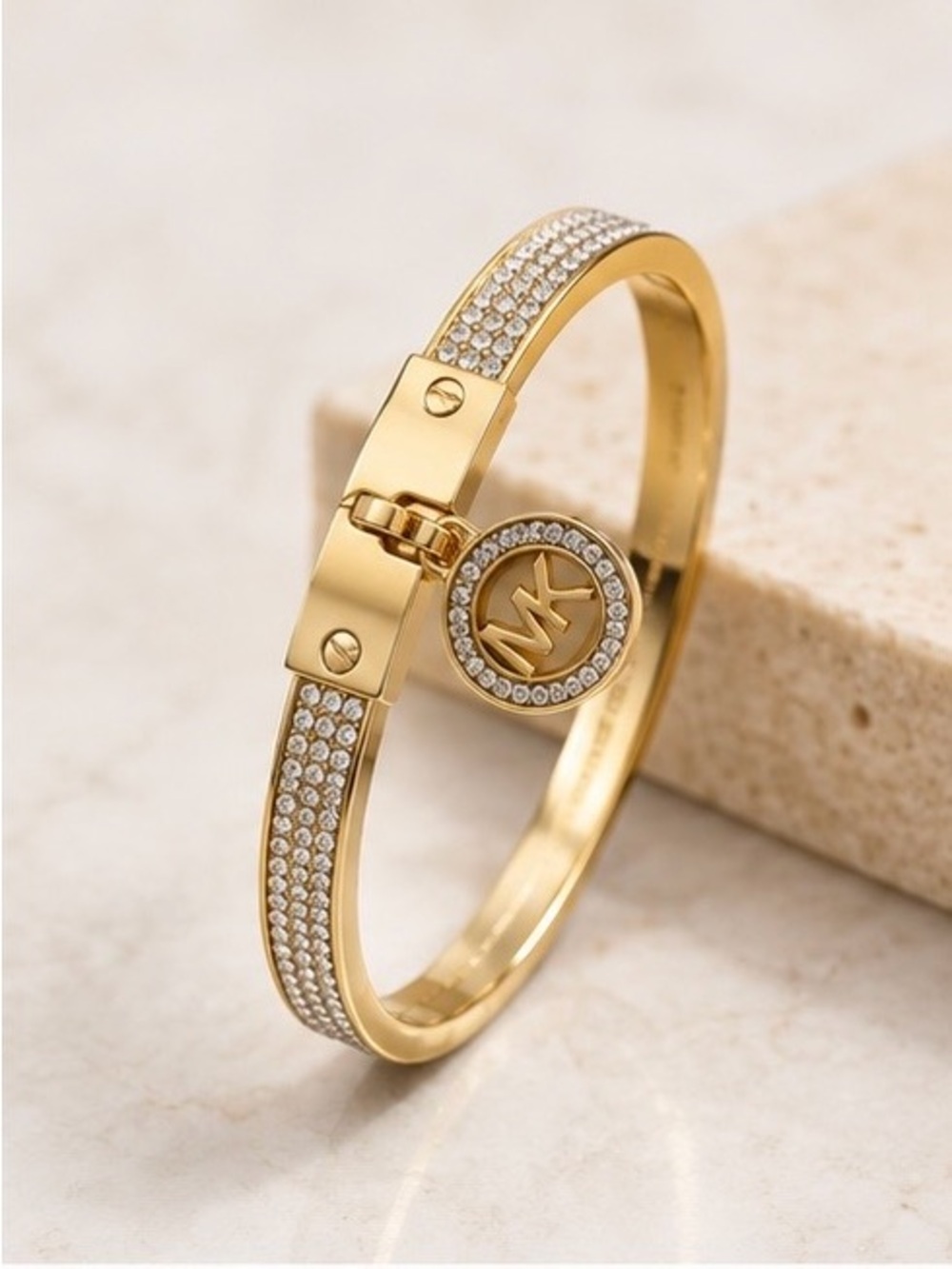Michael Kors Gold Crystal Pavé MK Charm Hinge Bangle Bracelet